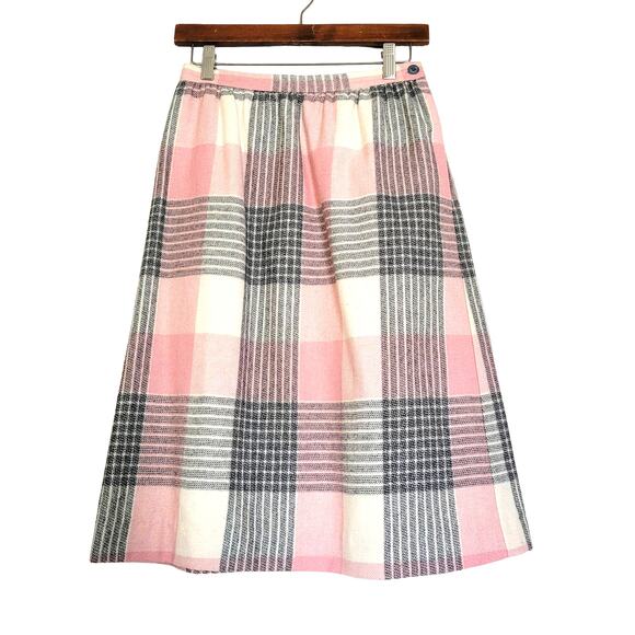 Vtg Pink Plaid Midi Skirt Womens 8 Preppy Cottagecore Acadmia Boho USA Made - Picture 1 of 11